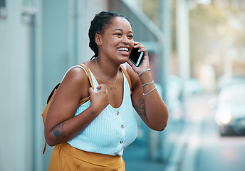 Image showing Black woman, phone and happy in city on call outdoor while laughing in street. Plus size woman, smartphone and walking in road, smile and real excited to talk on cellphone on travel to San Francisco