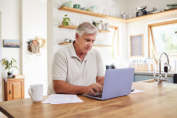 Image showing Senior man, laptop and working in kitchen on retirement plan, budget and expenses at home. Elderly male typing on computer in Australia, planning finances, checking or sending email on technology