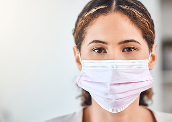 Image showing Face mask, woman or covid compliance portrait with motivation vision to stop global danger virus in Mexico. Zoom, headshot or people and coronavirus medical healthcare safety in immigration building
