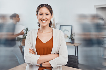 Image showing Employee portrait, office busy and woman in leadership at advertising company with smile as management for startup. Marketing employee, manager or boss happy working at fast corporate agency