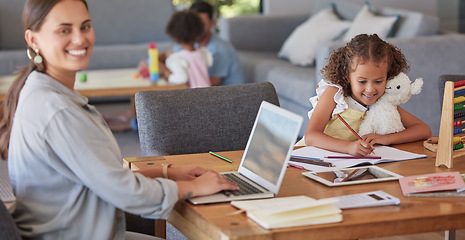 Image showing Children, laptop and woman working from home on freelance blog, check email and girl have fun playing in living room. Love, multitask and child care parents or mom balance work life with family kids
