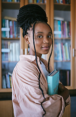 Image showing Black woman portrait, university student and library campus for learning, studying and college education in Brazil. Young gen z girl at reading bookshelf, exam project research and academic knowledge