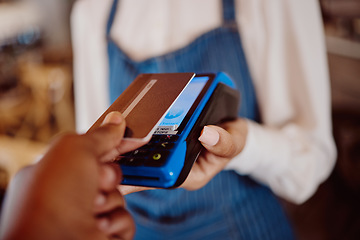 Image showing Credit card, cafe customer and rfid payment at cashier, waiter service and point of sale machine. Worker hands process finance, money and retail shopping, cash register and fintech pos in coffee shop