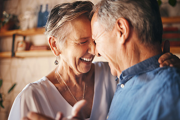 Image showing Dancing, happy senior couple smile together and dance with love in retirement. Anniversary celebration at home, mature married healthy man and active woman support each other in retired old age