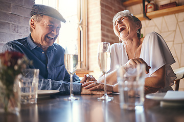 Image showing Love, laughing and old couple holding hands at a restaurant on a romantic wine date in celebration of a happy marriage. Smile, relaxed and senior woman enjoying glass of champagne with funny partner