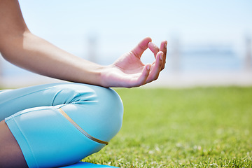 Image showing Woman yoga meditation, zen and mudra hands in lotus pose for nature exercise, workout and peace outdoor grass. Calm energy, health and focus person in lotus training for mindset, wellness and relaxed