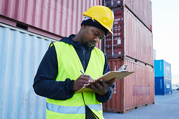 Image showing Shipping, cargo and checklist by man doing checklist for freight and logistics at supply chain. Container, warehouse and ecommerce stock management by manager doing inventory at industrial factory