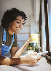 Image showing Coffee, social network and woman on smartphone happy with online chat app, reading email for creative opportunity or internet inspiration. Gen z on cellphone social media update and morning espresso