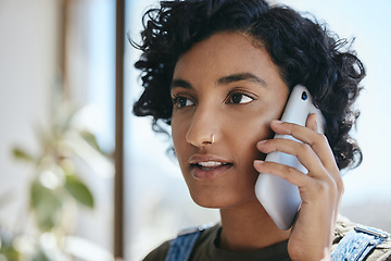 Image showing Young woman, talking and with phone for call, connect and speaking on mobile smartphone. Girl from Brazil and cellphone for connection, conversation and listen to contact for communication.