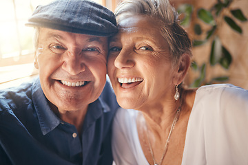 Image showing Face, selfie and senior couple bonding in restaurant, coffee shop or cafe for love marriage anniversary, celebration event or retirement. Zoom, man and mature woman in pov photograph with comic smile