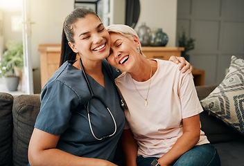 Image showing Senior woman, hug or medical caregiver in house living room in comfort trust, support or security bond. Smile, happy or laughing nursing home retirement elderly and healthcare Brazilian nurse or help
