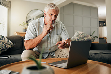 Image showing Covid, telehealth and pcr with senior man on laptop for medical, sick and corona virus test his home sofa. Digital, online tutorial and or healthcare exam with elderly person doing nose check