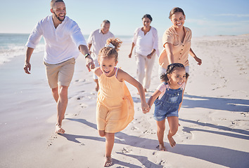 Image showing Family, running and beach vacation for children, parents and grandparents enjoying energy and summer travel on fun tropical trip. Wellness and happy men, women and girl kids on costa rica holiday