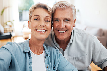 Image showing Senior couple selfie portrait in home lounge for love, care and relaxing day together. Faces of smile man, happy woman and retirement people enjoying video call, quality time and close marriage bond