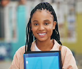 Image showing College student, black woman portrait and university studying, learning and education at campus. Happy, smile and cool gen z young girl with exam books, motivation and academic knowledge in Jamaica