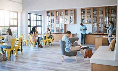 Image showing Students, men or women in creative library on university campus, school or college for education, study or learning. Diversity, people and young business entrepreneurs with scholarship research books