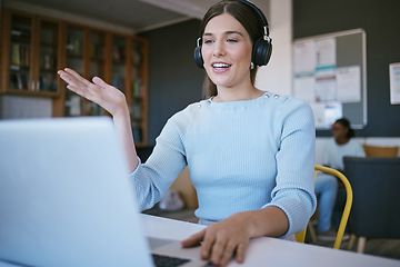 Image showing Customer support call, crm computer and web help woman worker on a online pc consultation. Internet and technology call center employee consultation with headset working a on digital tech consulting