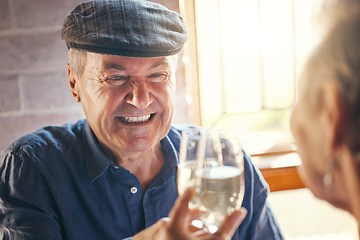 Image showing Champagne toast, celebration and senior couple with smile about retirement at restaurant. Elderly man and woman at dinner to celebrate anniversary, marriage and love with drink of wine and cheers