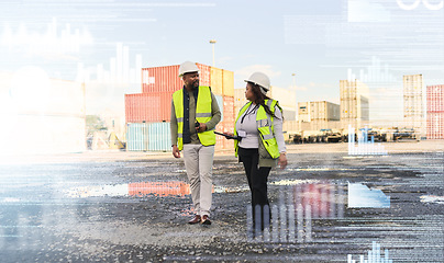 Image showing Business people, logistics and shipping, industry warehouse workers in container yard double exposure or analytics overlay. Industrial employee working in supply chain management for transportation