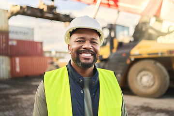 Image showing Portrait, smile and work in logistics with container at export and distribution shipyard. Black man, happy and confident has motivation working in shipping, cargo and supply chain industry at port