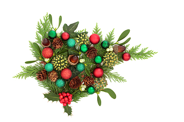 Image showing Christmas Winter Greenery with Red and Green Ball Decorations