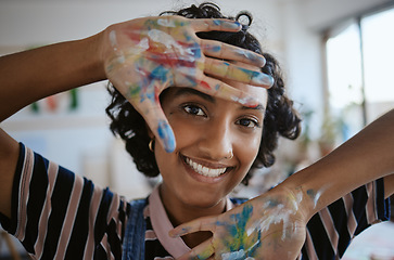 Image showing Creative portrait, woman hands with paint on happy art school student and oil painting inspiration for Indian girl. Fun learning color theory and young artist creativity in university workshop studio