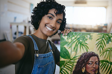 Image showing Selfie, painting and art work of a woman student from India happy about her artist portrait. Creative painter person with a smile done with a creativity paint canvas and drawing design in a studio