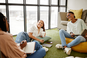 Image showing Writing, studying and collaboration student friends in university lounge for a group project, teamwork and planning schedule. Young women relax with coffee and brainstorming ideas and time management