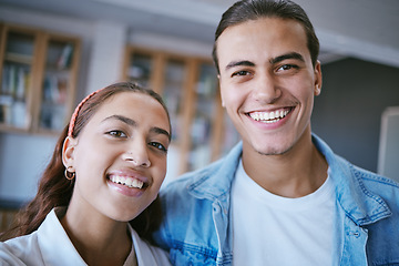 Image showing Happy, friends and portrait smile for selfie at university together for learning, education and friendship in a library. Man and woman students at college smiling for photo, scholarship and knowledge