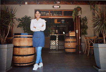 Image showing Winery restaurant, proud business owner woman in portrait for food, drink and hospitality industry. Vineyard waitress worker, bartender or manager with service motivation, trust and leader experience