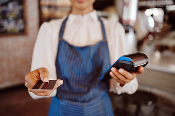 Image showing Hand, customer payment using credit card, machine or 5g technology. Manager, sales or money ecommerce tech with coffee shop waiter help for finance, NFC to tap scan or contactless checkout for sale.