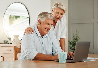 Image showing Retirement, happy and search with couple on laptop for online shopping, video call or social media news. Relax, internet and streaming with elderly man and old woman with technology and digital