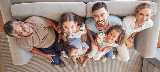 Image showing Happy big family, smile on sofa and top view of generations, grandparents and parents spend time together in living room. Love, diversity and couple with girl kids, grandma and grandpa relax at home.