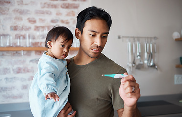 Image showing Down syndrome, thermometer and parent worried about baby health, checking fever and temperature in a kitchen. Love, disability and child care with special needs newborn bonding with concerned father