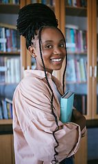 Image showing Student, black woman and library books university, education and thinking or learning for knowledge, scholarship research. Portrait of young female studying, reading and lifestyle with gen z girl