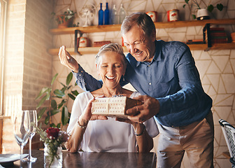 Image showing Love, couple elderly and gift to celebrate anniversary on date with smile, happy and excited together. Romance, mature man and older woman exchange present relax, being loving and bonding at home.