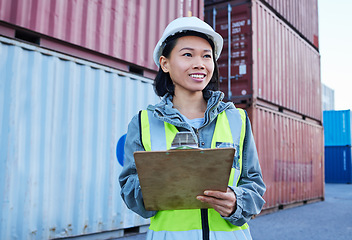 Image showing Shipping, cargo and logistics management with woman wearing delivery and warehouse orders, inventory and stock control. Factory, checklist and ecommerce manager happy and smile at supply chain plant