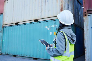 Image showing Warehouse, ecommerce and shipping with woman on digital tablet for stock and delivery logistics. Factory, supply chain and industrial management of container and cargo, checking online checklist app