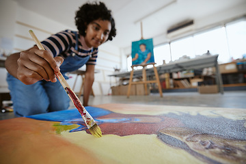 Image showing Painting woman, paintbrush and artist studio floor working on watercolor oil paint fine art creativity design project. Talented, skill and canvas creative girl painter create inspiration vision ideas