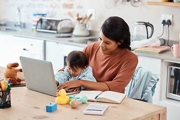 Image showing Baby, laptop and mother work from home in kitchen for financial, email or internet. Technology, lifestyle or learning with mom and child at family home office for remote, online and career success