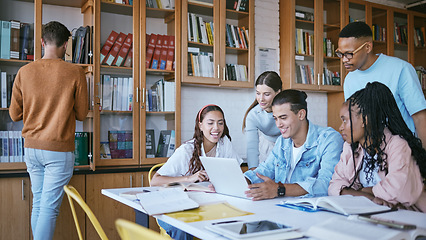 Image showing Learning, education or laptop with students in library for data research, innovation or diversity for university project. Computer, teamwork or creative strategy planning in classroom of college