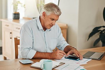 Image showing Man, elderly and phone for tax or budget banking with paper at home. Senior, laptop and paperwork with calculator on desk use web for planning, savings and financial compliance in South Africa