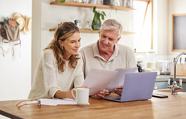 Image showing Retirement, finance and couple with budget on laptop satisfied with home expenses in New Zealand. Happy, positive and married senior people checking financial documents for investment payment.