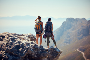Image showing Nature, travel and hiking friends on mountain landscape with fitness, wellness and workout in summer. Freedom, rock sport or couple with backpack, health and sports exercise or training