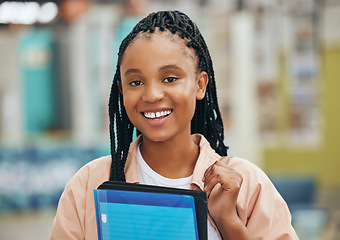 Image showing Black woman portrait, university student and college campus to learning, studying and school education in Brazil. Happy young gen z girl with exam books, scholarship motivation and confident academic