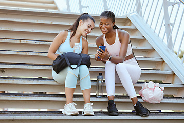 Image showing Fitness, smartphone and women friends check steps progress, workout results or wellness motivation mobile app on 5g technology. Diversity gen z people with exercise blog online or social media update