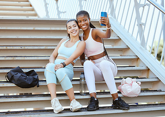 Image showing Fitness, phone and friends take selfie after running, exercise and workout for social media outdoors on steps or stairs. Diversity, wellness and happy runners showing women or girls power in sports