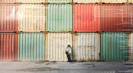 Image showing Shipping container cargo engineer black woman check distribution supply chain logistics and delivery storage. Logistics, business and industry manager audit working at freight stock export company