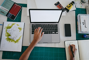 Image showing Hand, laptop and creative writing above for design or art at work on office desk. Hands of designer, freelancer or artist working with computer and notebook on table for notes, idea and write