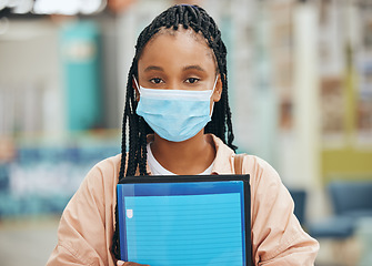 Image showing Student, covid and a portrait of black woman with face mask and file at university or college. Safety, protection from virus infection and education, young african girl learning during a pandemic.